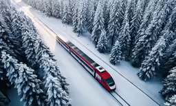 a train traveling through snow covered trees on top of tracks