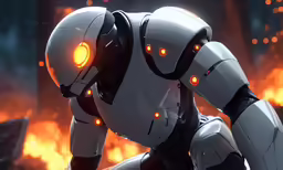 a robot with glowing eyes standing next to some fire