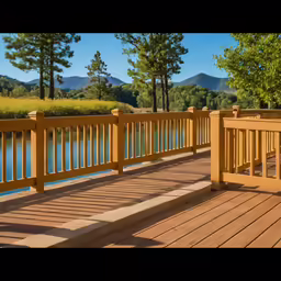 a wooden deck that is next to a lake