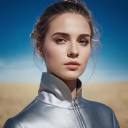 a woman with long hair and a silver jacket