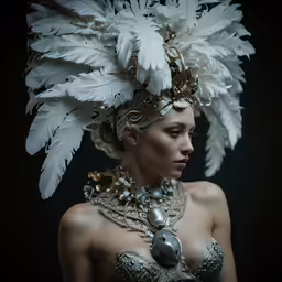 a model wearing an elaborate white feather headdress