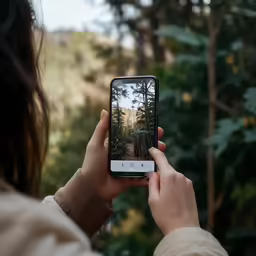 a woman holds a phone with a photo on it