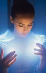 young girl with an elegant dress holding a lit up glowing ball
