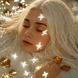 a woman with blonde hair in gold and silver stars on her face