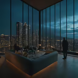man looking out at the view from his apartment