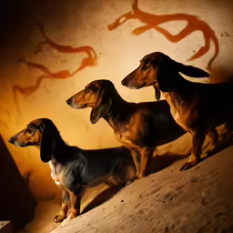 three small dachshund dogs posed on a ledge