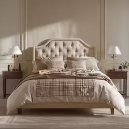 a large white bed is in a bedroom