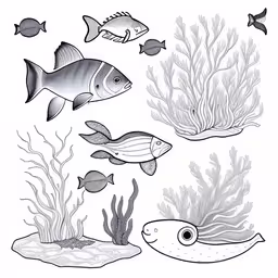drawing of fish and other sea creatures