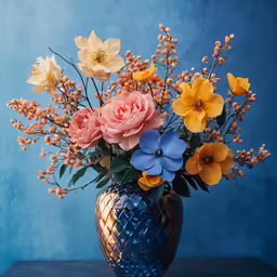 a vase with yellow, pink, blue and white flowers