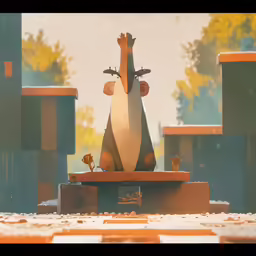 a giraffe sculpture that is next to some building