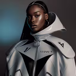 woman in futuristic fashion wearing silver jacket and hair,a woman with her hair pulled back and wearing a hoodie