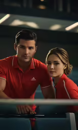 two tennis players looking at something on the screen
