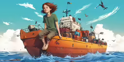 young girl sitting on a boat in the middle of the ocean
