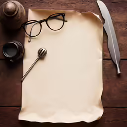 an empty paper, a knife, and a pocket watch are resting on a wood table