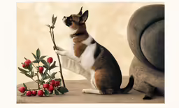 a small dog playing with a plant on the ground