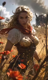 an attractive woman with long hair standing in the middle of a field