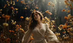 a woman in a white dress is near some flowers