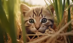 a kitten is peeking out from its hiding place in the grass