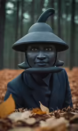 a person wearing a blue suit with a large hat