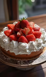 a cake with strawberries sits on a wooden table