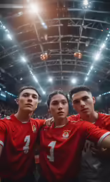three boys are posing for a photograph in a football arena