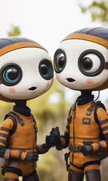 two large stuffed animals in black and yellow jackets