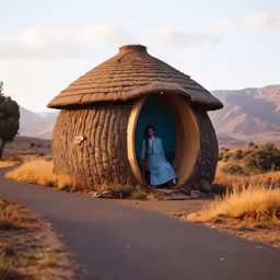 a woman in a big podoon hut is standing next to her