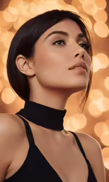 the model wears a choke neck top with an all black outfit