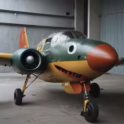 an old propeller airplane with googly eyes on the nose