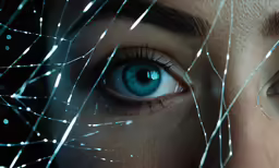 closeup of a blue eye through wires