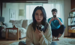 a woman is holding a camera in her hands while another man is taking a picture