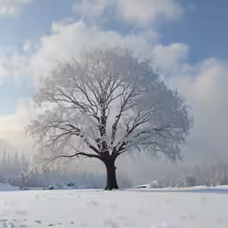 the large tree is in the middle of the snow