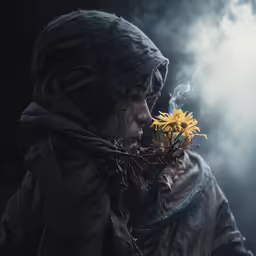 a person standing in front of a flower with smoke coming out