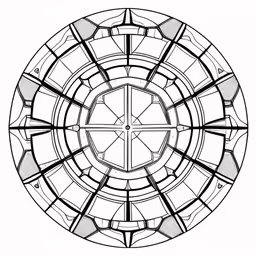 an intricate, modern glass window pattern is depicted in this hand drawn image,a circle stained glass window with a cross in it,an artistic black and white image with geometric shapes,black and white graphic depicting a stylized design in circular form,an abstract black and white drawing of a circular design
