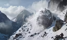 a snow covered mountain ridge with clouds in the sky