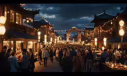a crowd of people walking down a street in the evening