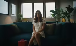 a woman in a white dress sits on a blue couch