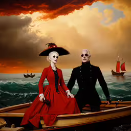 the man and woman are standing on the boat,two people are in a boat wearing red