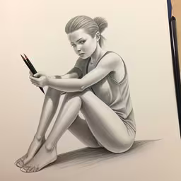 a drawing of a girl sitting on the ground,a drawing is shown on the table with colored pencils