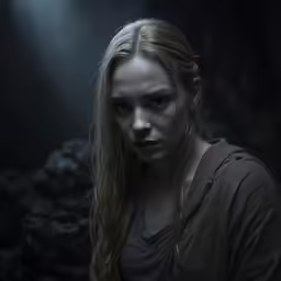 a girl looks menacingly as she stands in the dark
