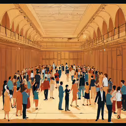 an animated view of people walking through an old building,large group of people walk down a busy building