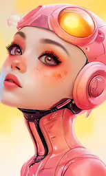 a woman wearing headphones and pink skin