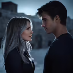 a couple standing next to each other in front of a wall