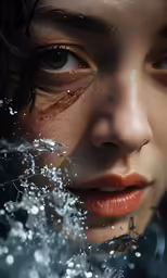 the face of a young woman with drops of water
