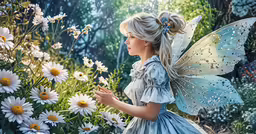 a beautiful little girl in blue is surrounded by daisies