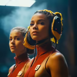 two female with headphones on are staring into the distance
