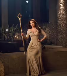 a beautiful woman holding onto a staff near some stairs