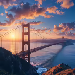 the golden gate bridge is seen at sunset