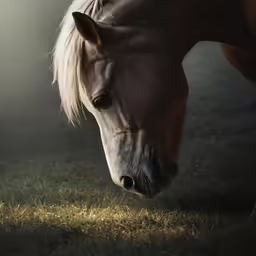 the head of a brown horse walking through grass