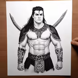 a pencil drawing of a warrior with two swords